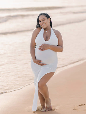 White Side Slit Halter Neck Backless Deep V-neck Bodycon Elegant Cocktail Party Gown Maternity Photoshoot Baby Shower Maxi Dress Maternity